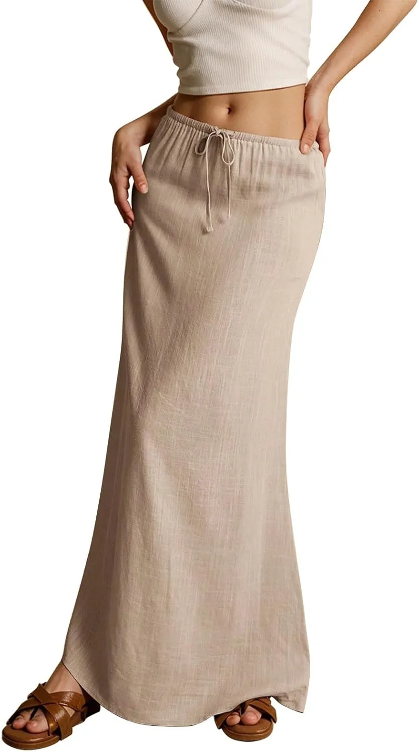 Linen Maxi Skirts for Women Summer 2025 Vacation Comfy Drawstring Low Waist A Line Skirt Long Flowy Skirt Cover Ups