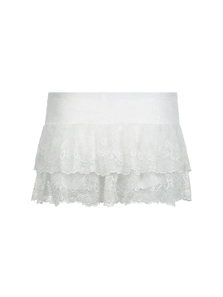 LVSANW Black Solid Low Waist Tiered Lace Shorts Skirts Womens White Fairycore Micro Boho Skirt