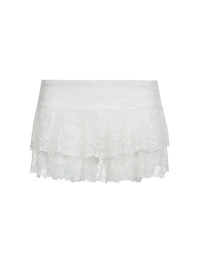 LVSANW Black Solid Low Waist Tiered Lace Shorts Skirts Womens White Fairycore Micro Boho Skirt