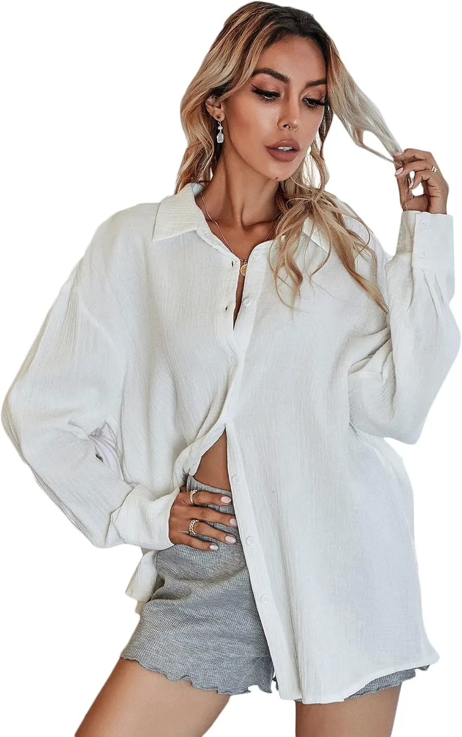 MakeMeChic Women's Oversized Button Down Shirts Collared Button Up Shirt Blouse Top