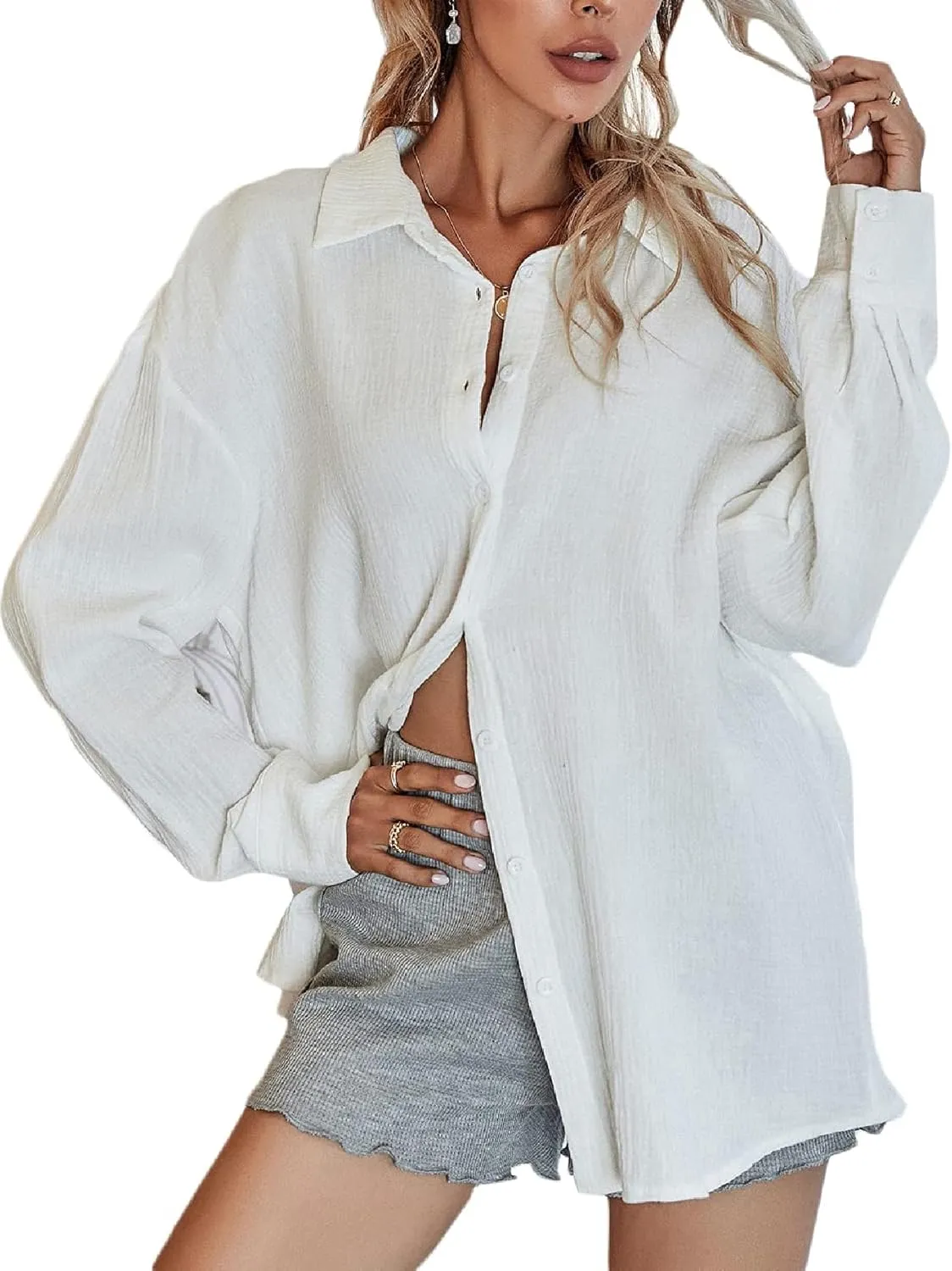 MakeMeChic Women's Oversized Button Down Shirts Collared Button Up Shirt Blouse Top