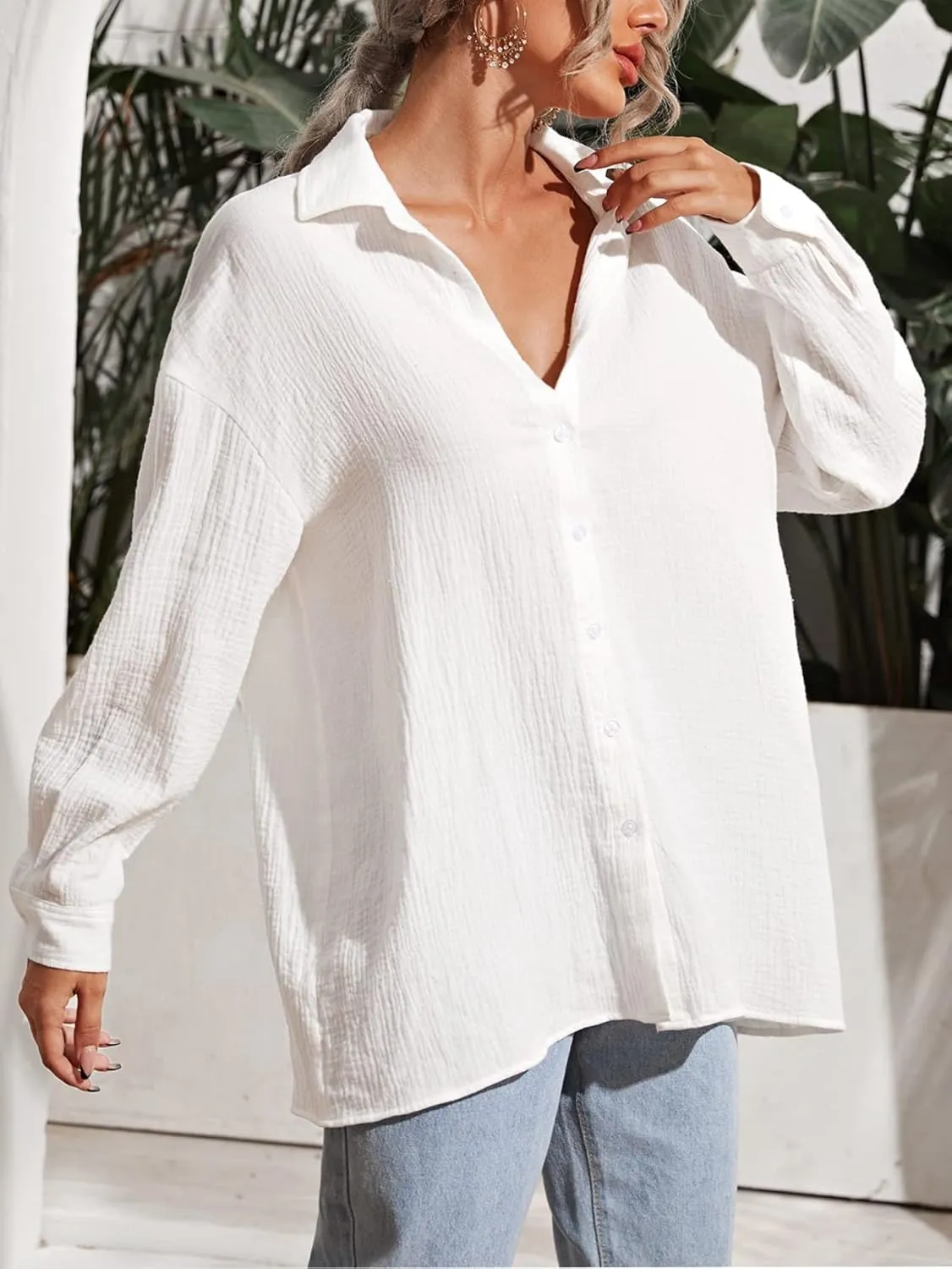 MakeMeChic Women's Oversized Button Down Shirts Collared Button Up Shirt Blouse Top