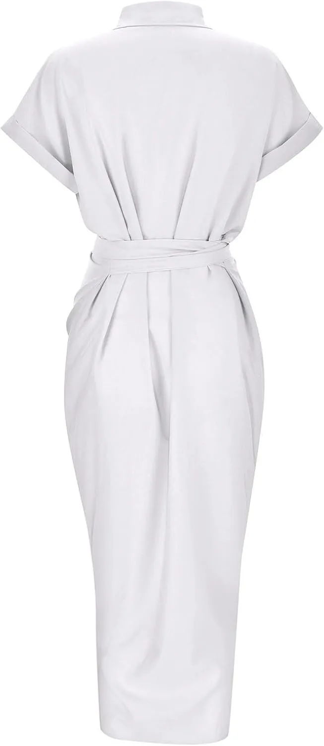 Maxi Shirt Dress for Women Striped Button Front Pleated Summer Dresses Short Sleeve Collar Long Dress