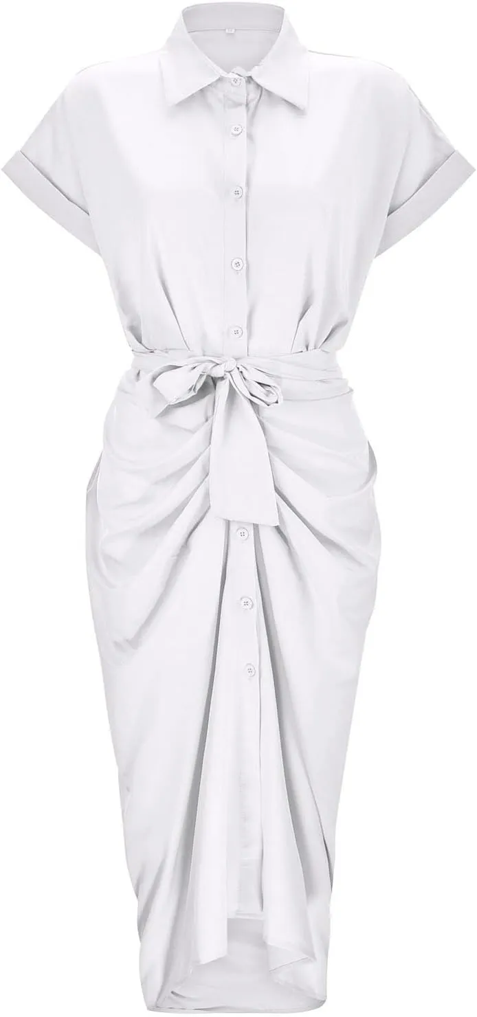 Maxi Shirt Dress for Women Striped Button Front Pleated Summer Dresses Short Sleeve Collar Long Dress