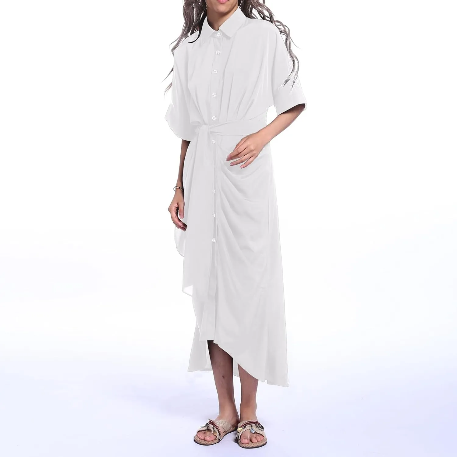 Maxi Shirt Dress for Women Striped Button Front Pleated Summer Dresses Short Sleeve Collar Long Dress