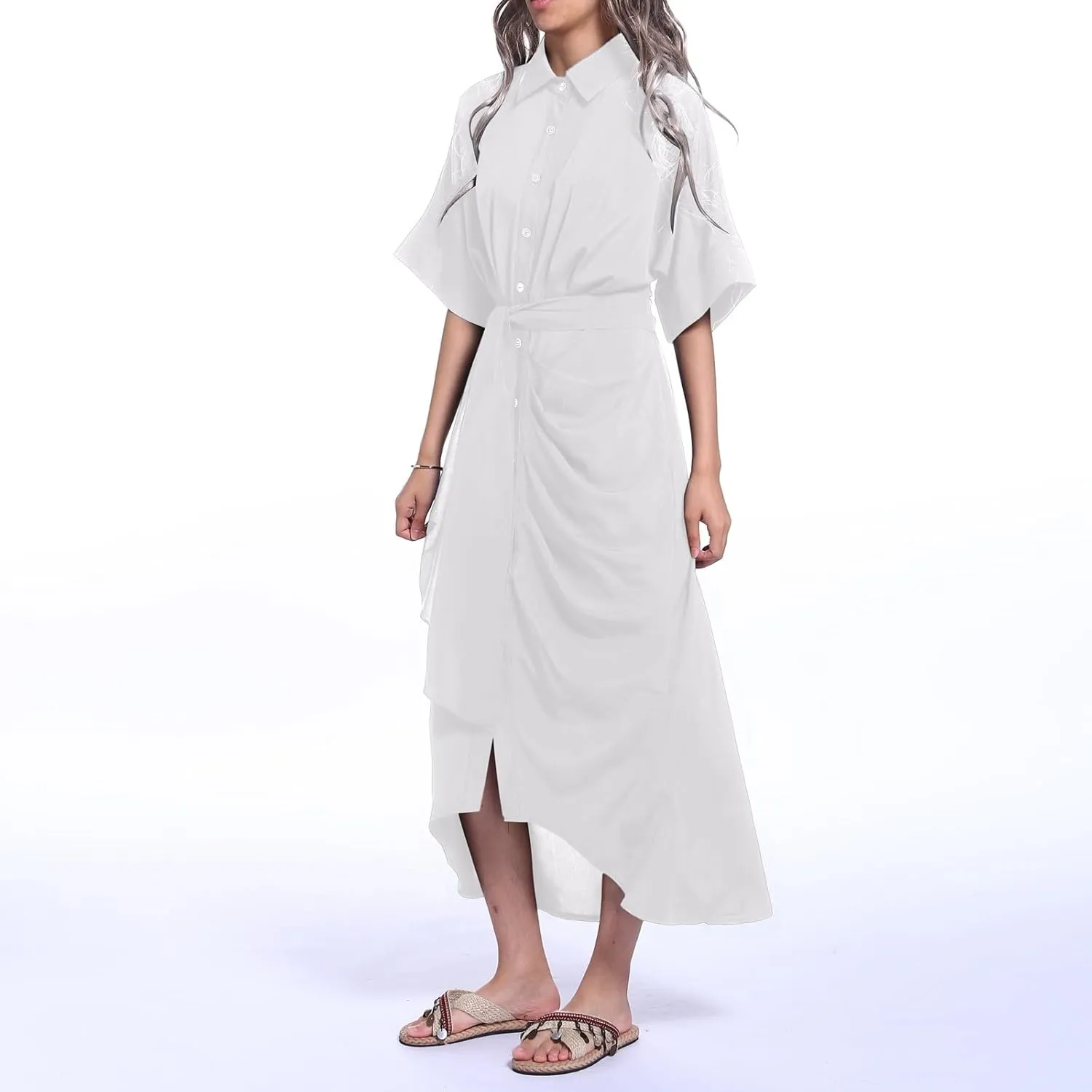 Maxi Shirt Dress for Women Striped Button Front Pleated Summer Dresses Short Sleeve Collar Long Dress