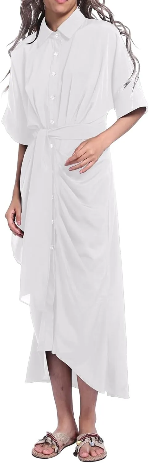 Maxi Shirt Dress for Women Striped Button Front Pleated Summer Dresses Short Sleeve Collar Long Dress