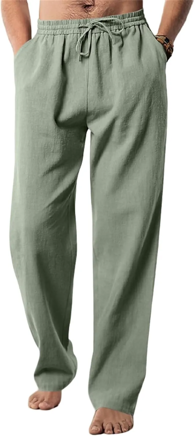 Men's Linen Pants Drawstring Elastic Waist for Yoga Beach Casual Wear Lightweight Loose Fit for Warm Weather