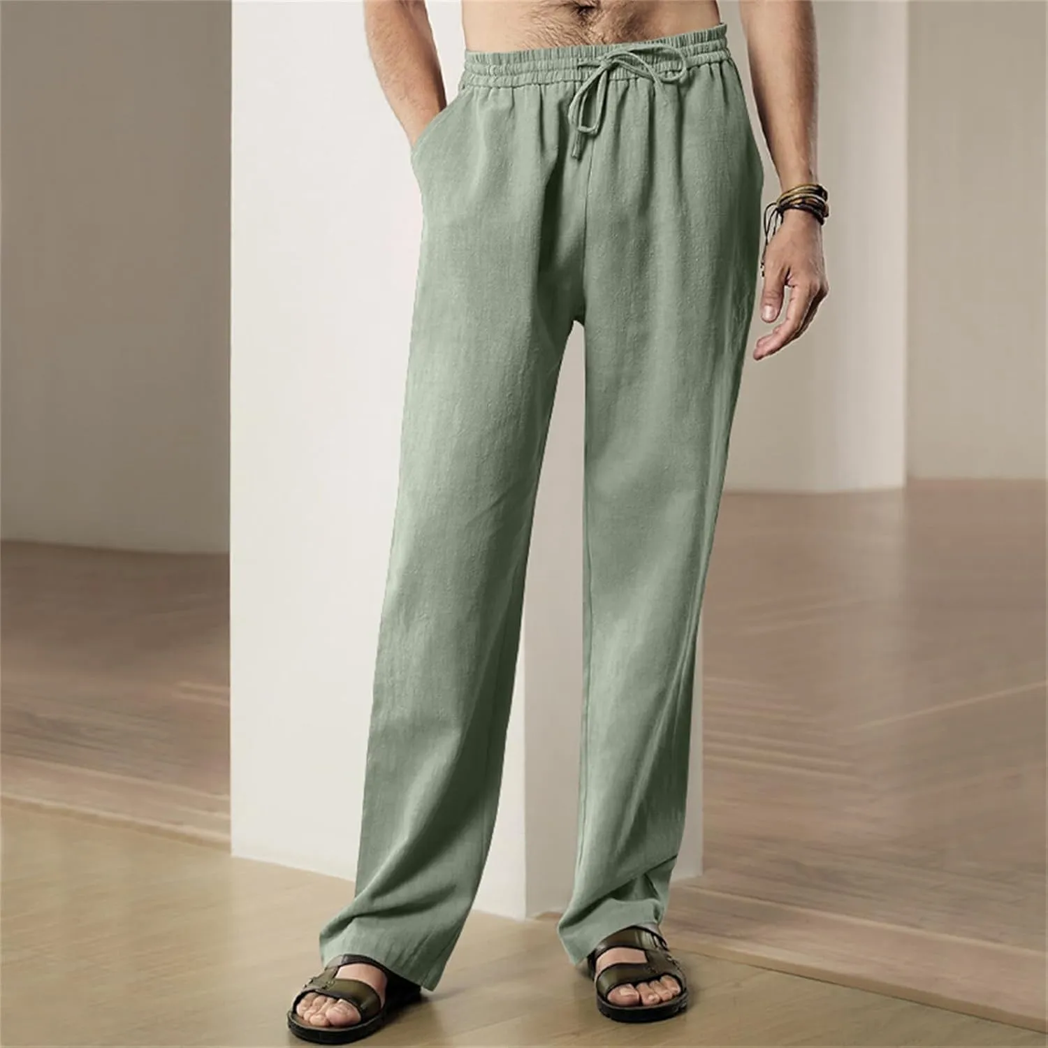 Men's Linen Pants Drawstring Elastic Waist for Yoga Beach Casual Wear Lightweight Loose Fit for Warm Weather