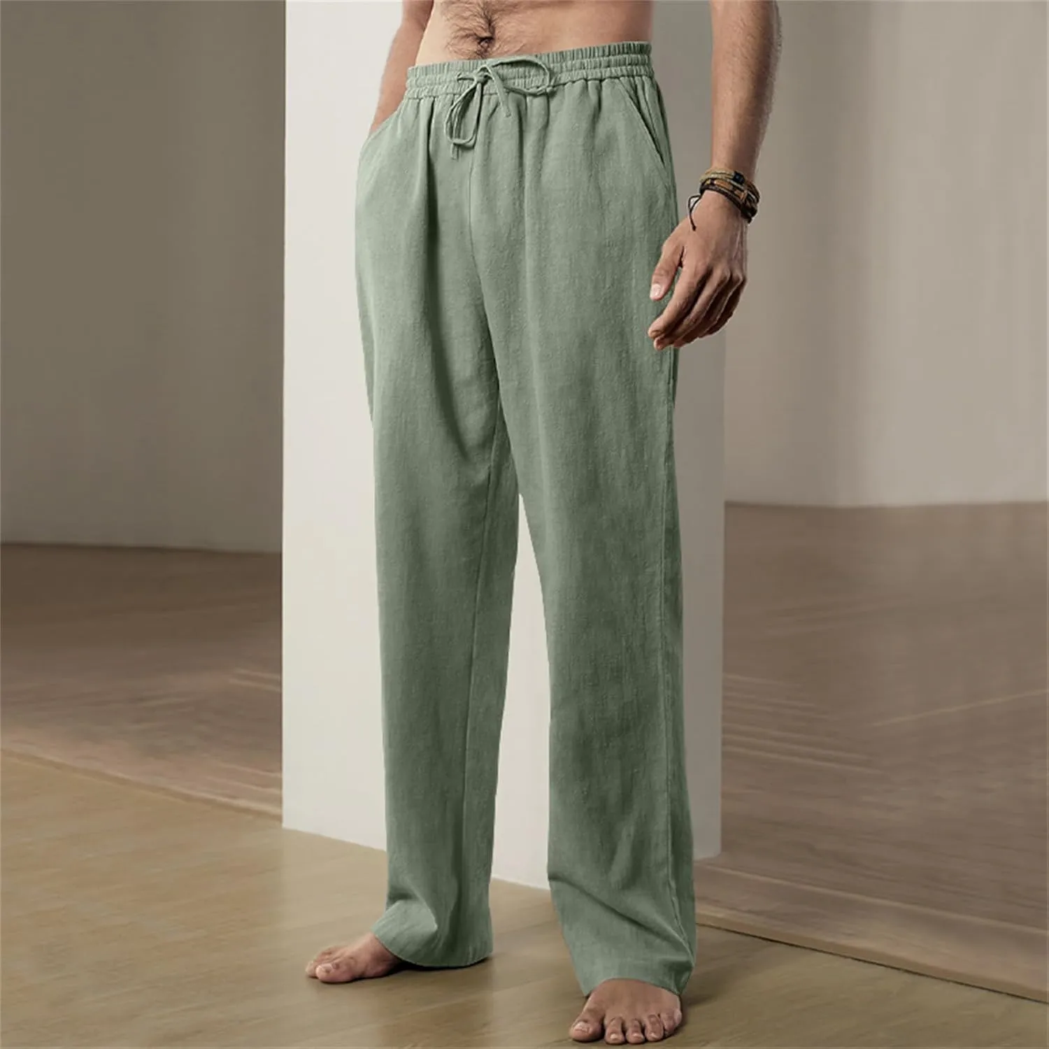 Men's Linen Pants Drawstring Elastic Waist for Yoga Beach Casual Wear Lightweight Loose Fit for Warm Weather