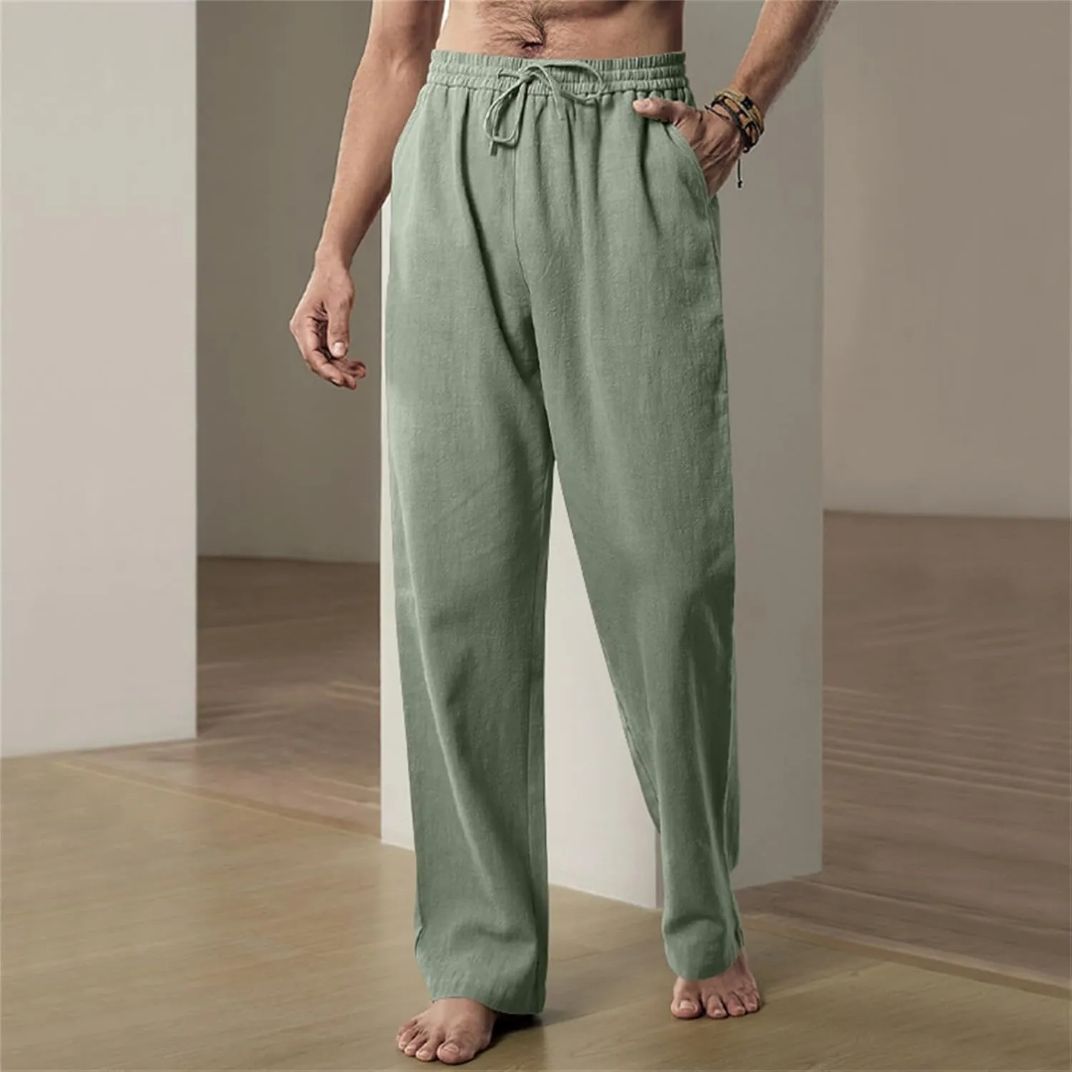 Men's Linen Pants Drawstring Elastic Waist for Yoga Beach Casual Wear Lightweight Loose Fit for Warm Weather