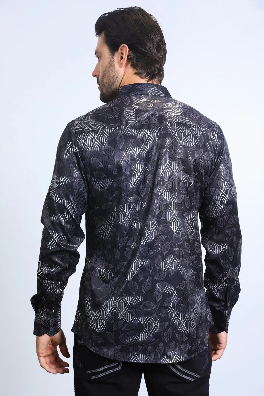 Mens Modern Fit Stretch Foil Fashion Black/Charcoal Shirt