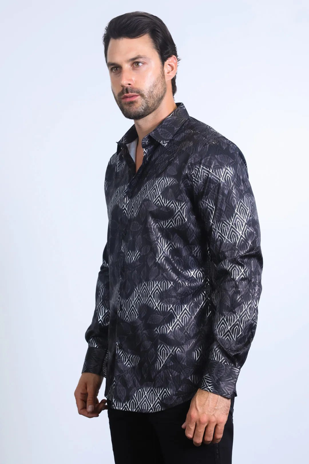 Mens Modern Fit Stretch Foil Fashion Black/Charcoal Shirt