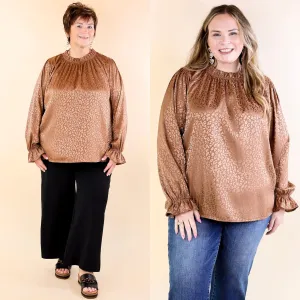 Mood Setter Ruffle Mock Neck Long Sleeve Leopard Print Satin Top in Brown