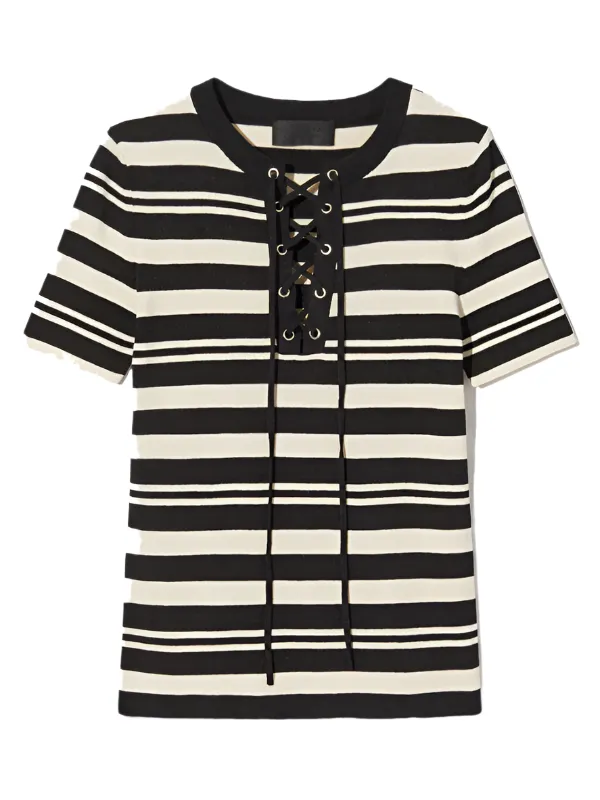 Oaklynn Silk Knit Sweater in Black/Ivory Stripe