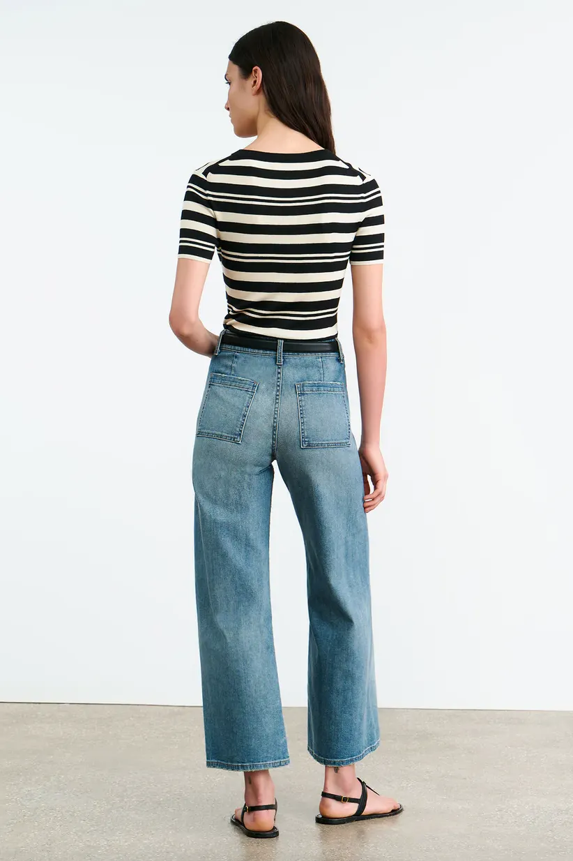 Oaklynn Silk Knit Sweater in Black/Ivory Stripe