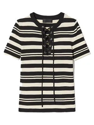 Oaklynn Silk Knit Sweater in Black/Ivory Stripe