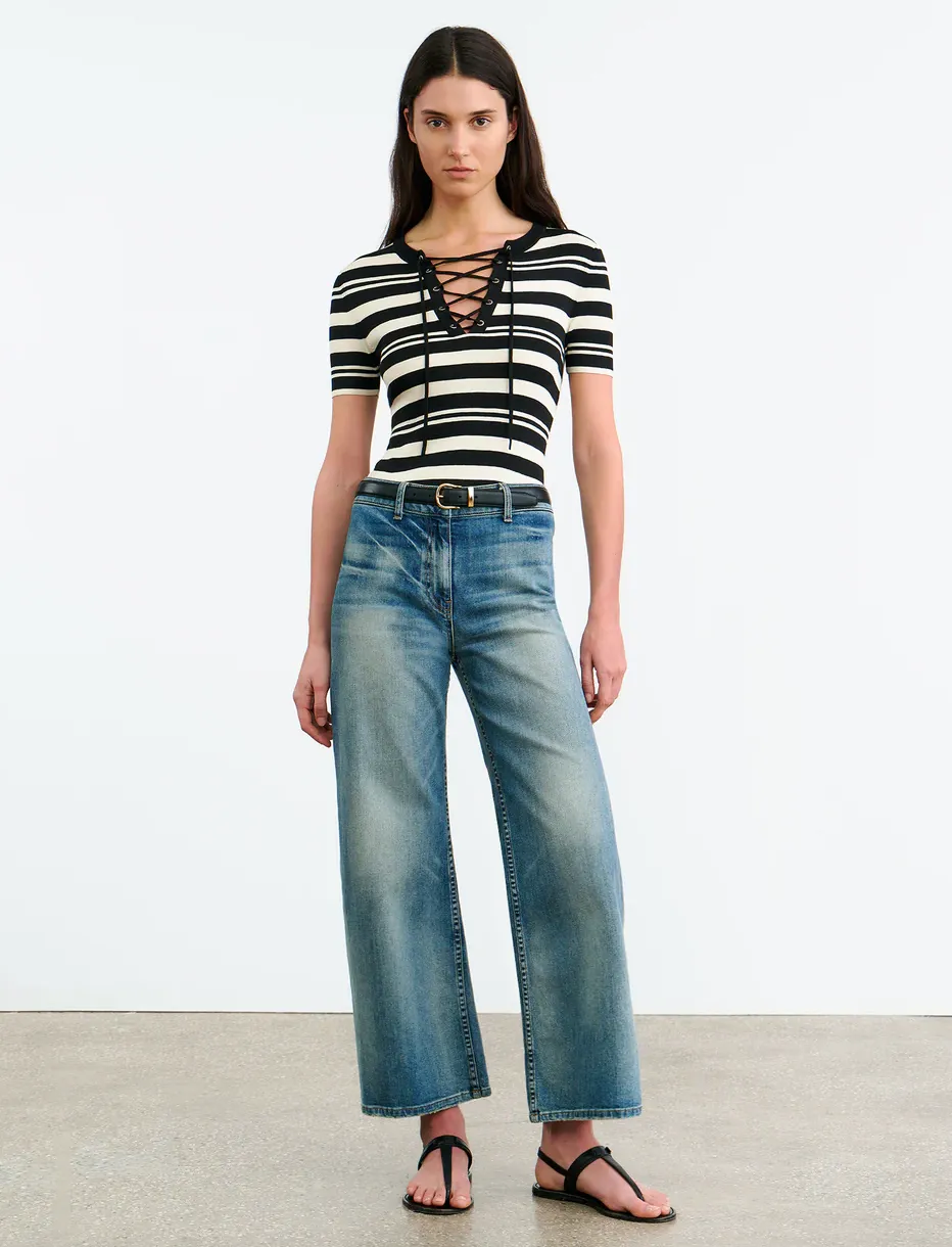 Oaklynn Silk Knit Sweater in Black/Ivory Stripe