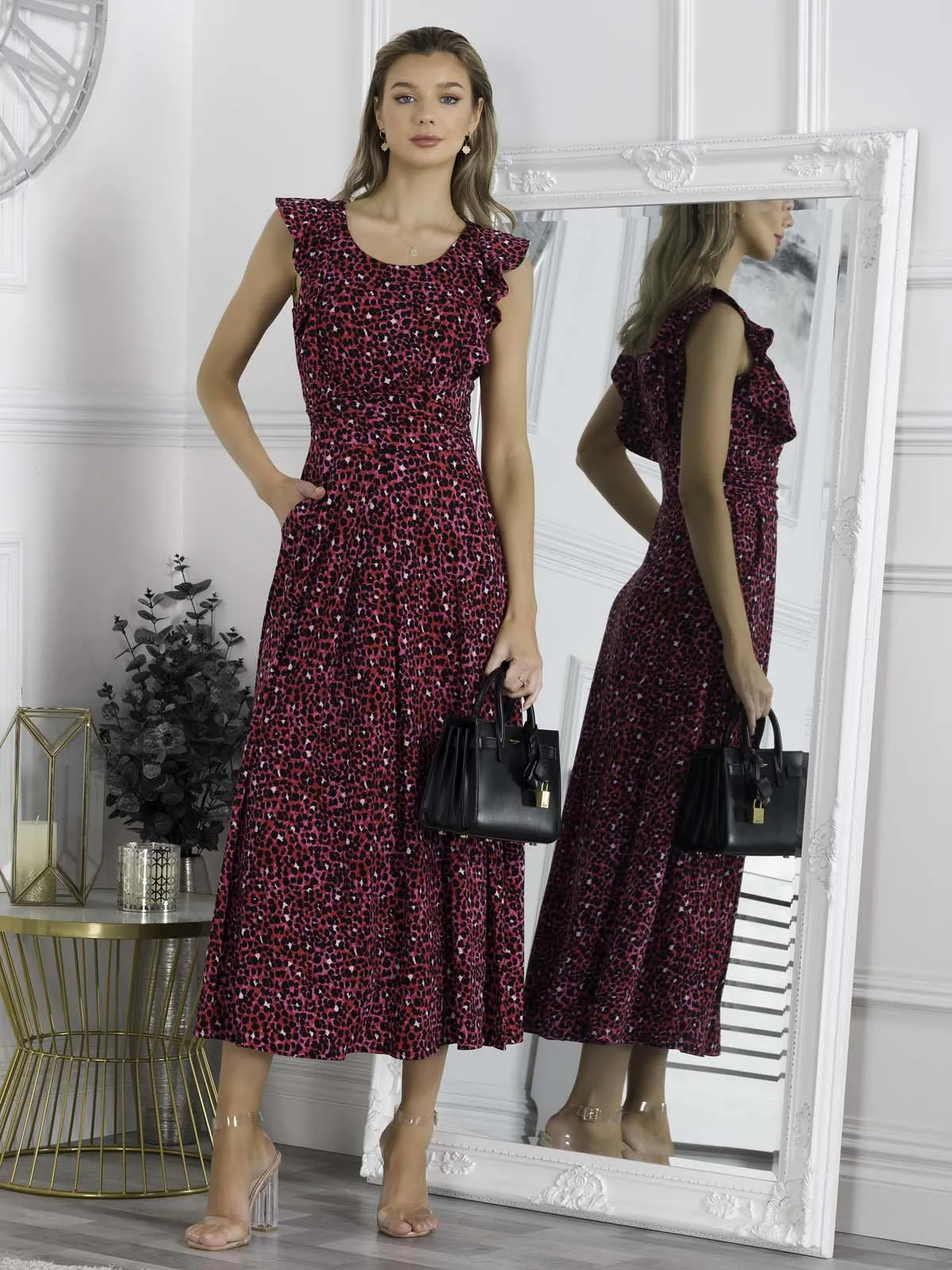 Pia Frill Shoulder Maxi Dress, Pink Animal