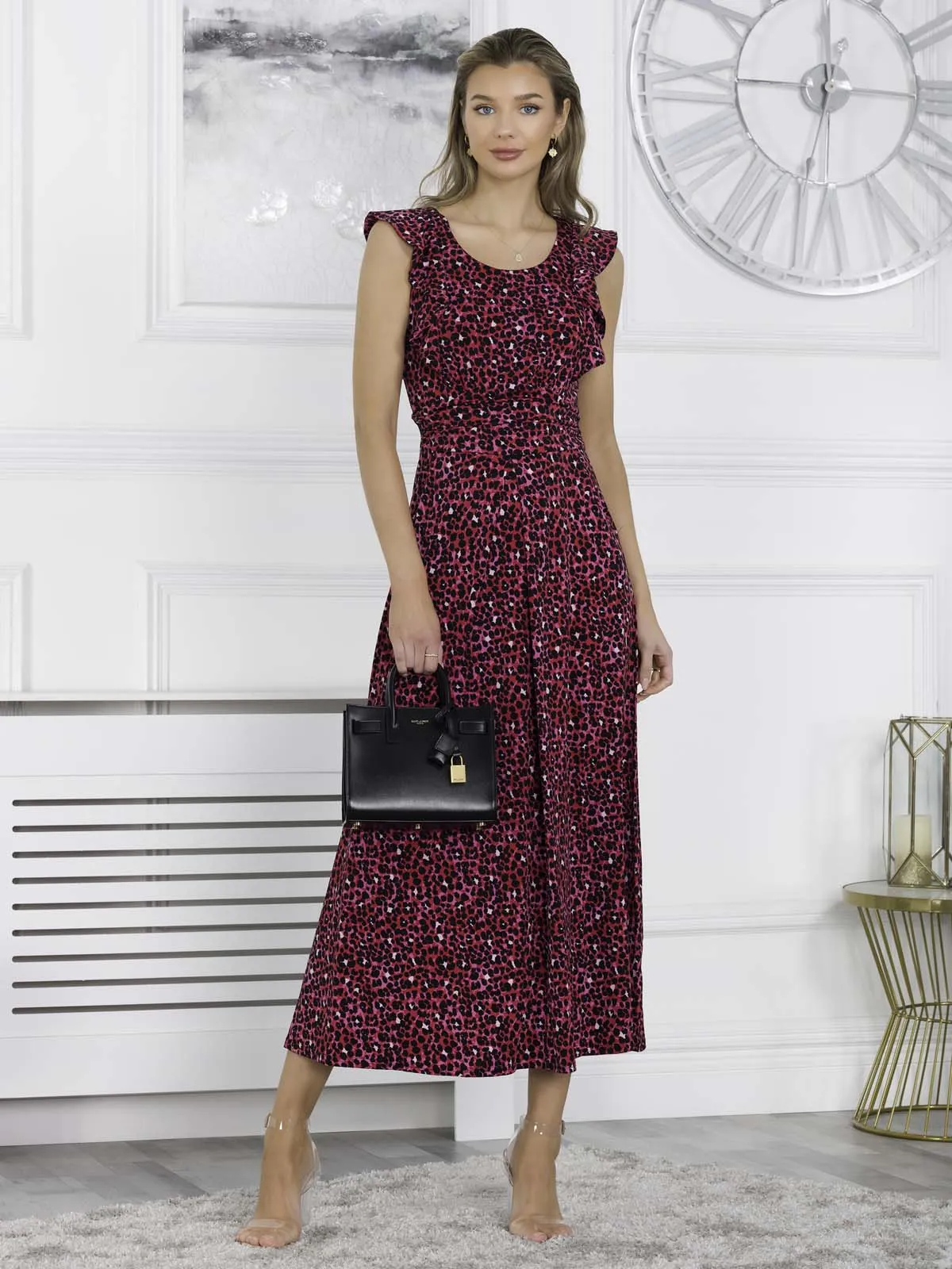 Pia Frill Shoulder Maxi Dress, Pink Animal