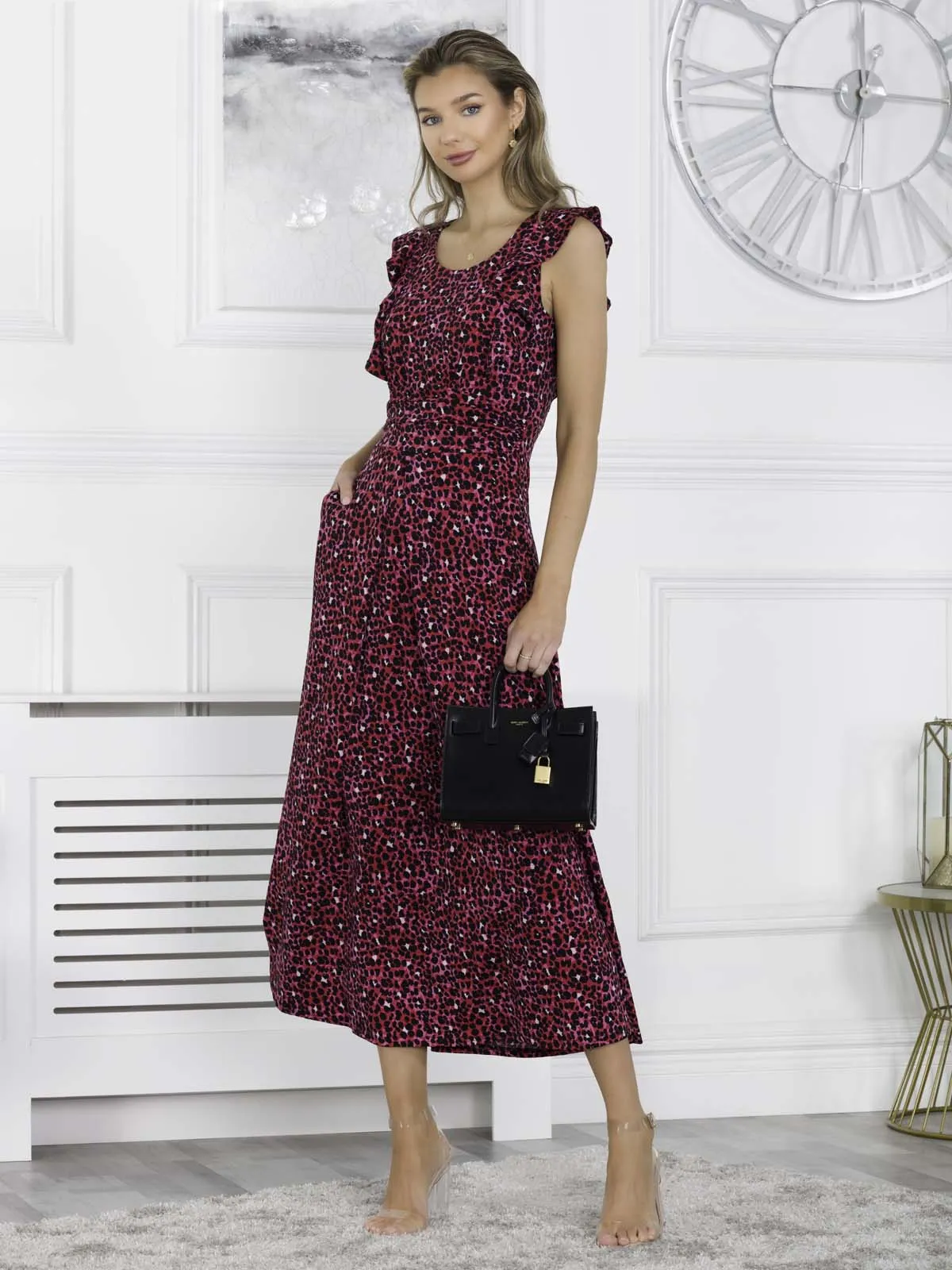 Pia Frill Shoulder Maxi Dress, Pink Animal