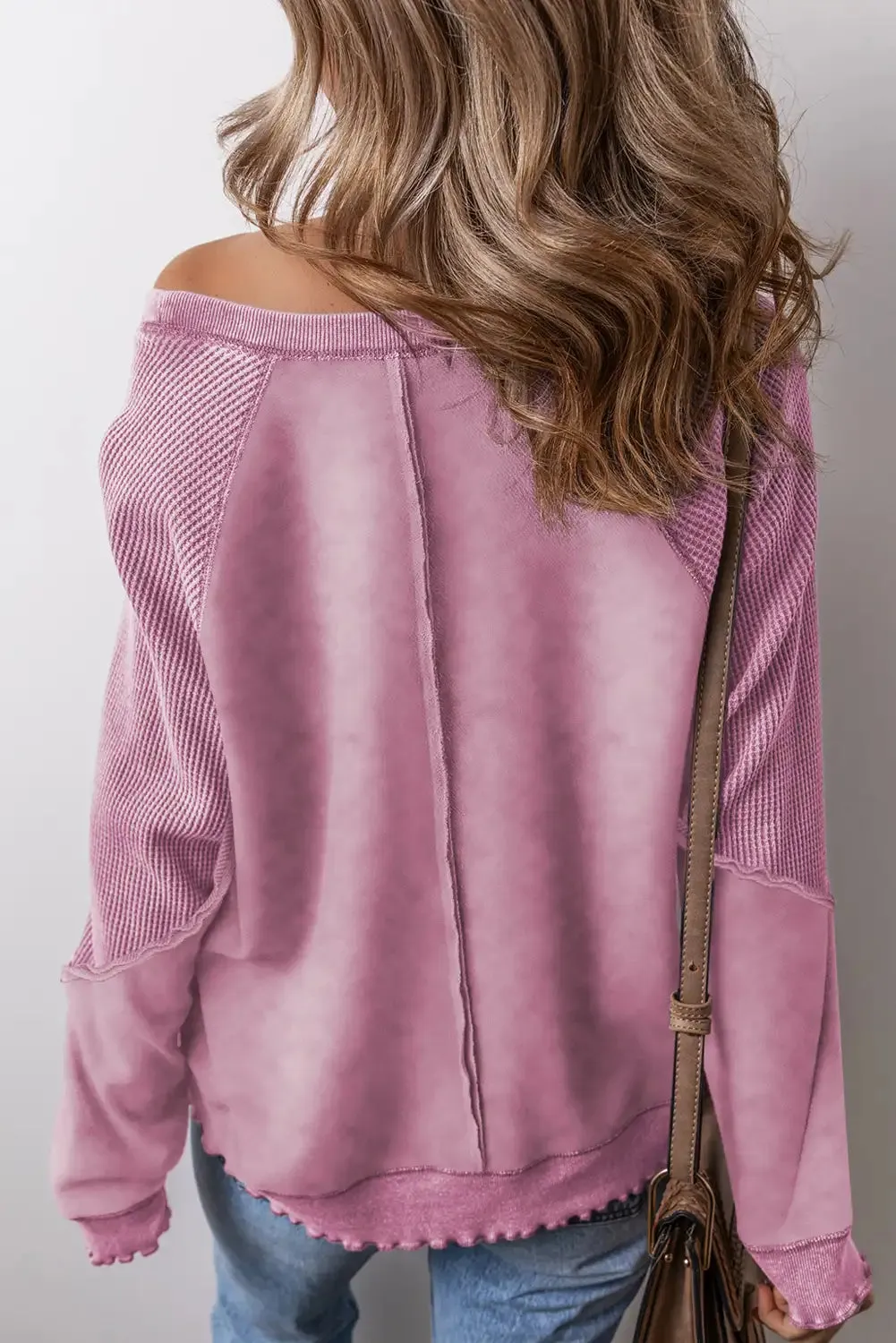 Pink Waffle Knit Raglan Sleeve Sweatshirt
