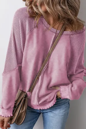 Pink Waffle Knit Raglan Sleeve Sweatshirt