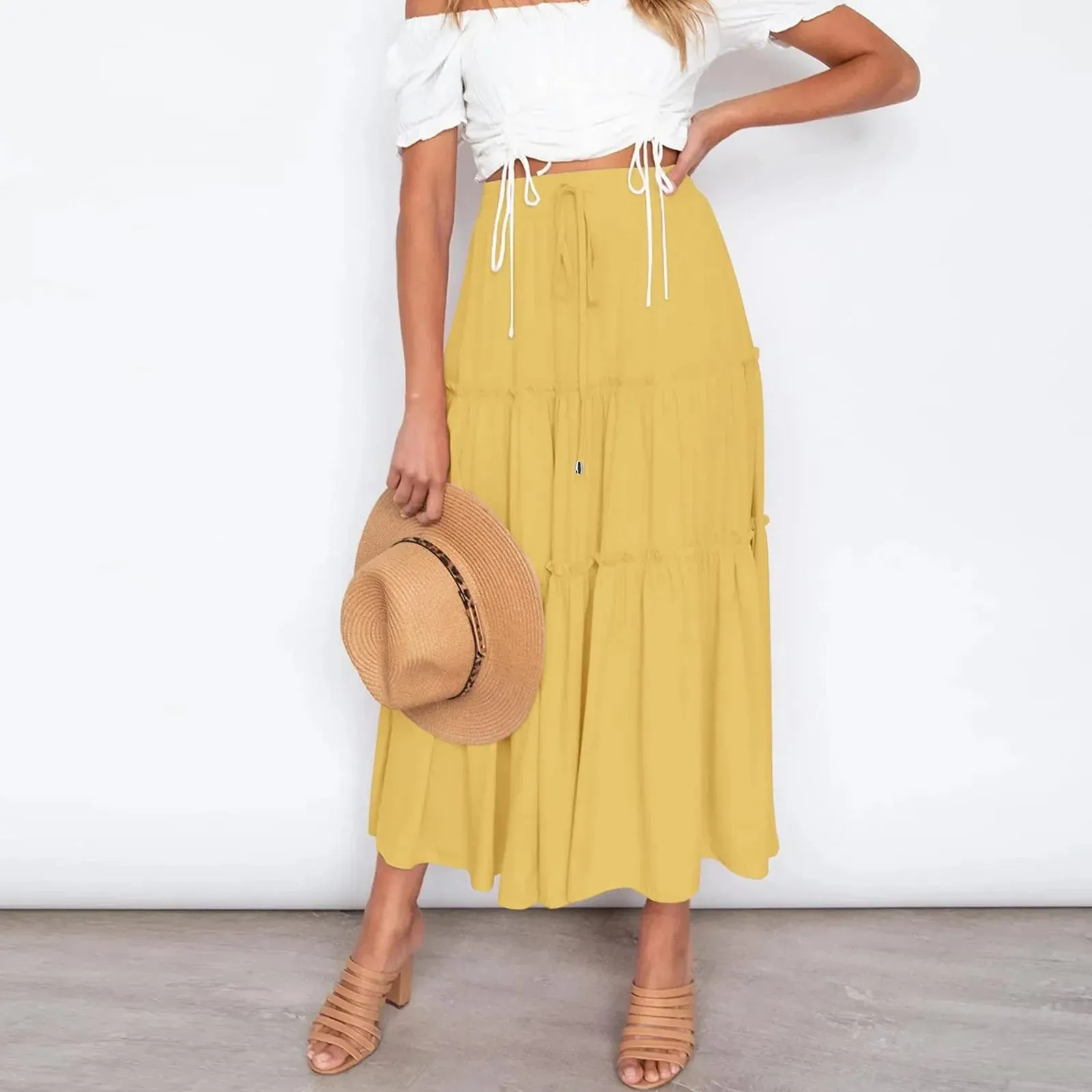 Pleated Skirt Large Hem High Waist Elastic Patchwork Cake A-line Boho Swing Beach Vintage Maxi Boho Skirt