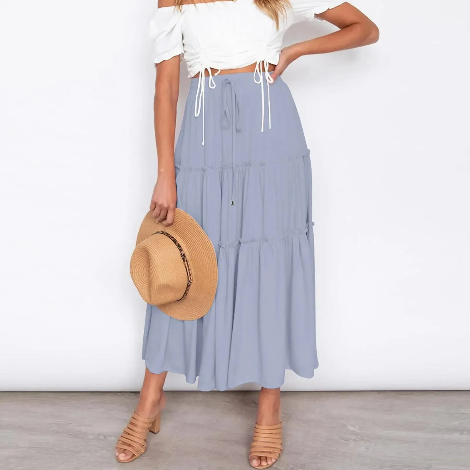 Pleated Skirt Large Hem High Waist Elastic Patchwork Cake A-line Boho Swing Beach Vintage Maxi Boho Skirt