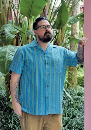 "Final Sale" Lurex Serape Stripe Paradise Button-Up Shirt in Cyan Blue