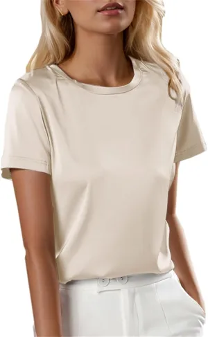 SANGTREE Women's Crew Neck Short Sleeve Satin Silk Blouse Tops