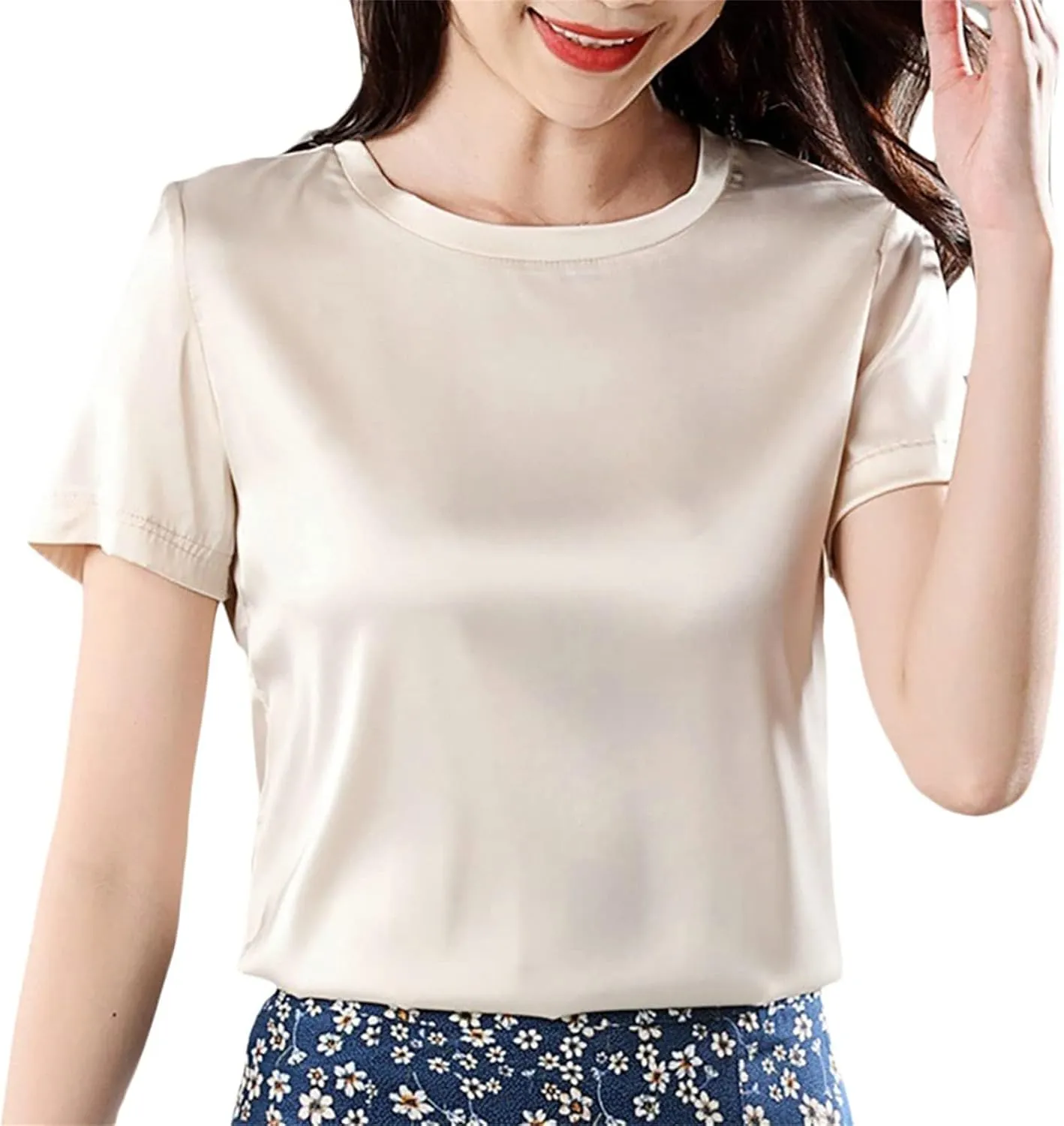 SANGTREE Women's Crew Neck Short Sleeve Satin Silk Blouse Tops