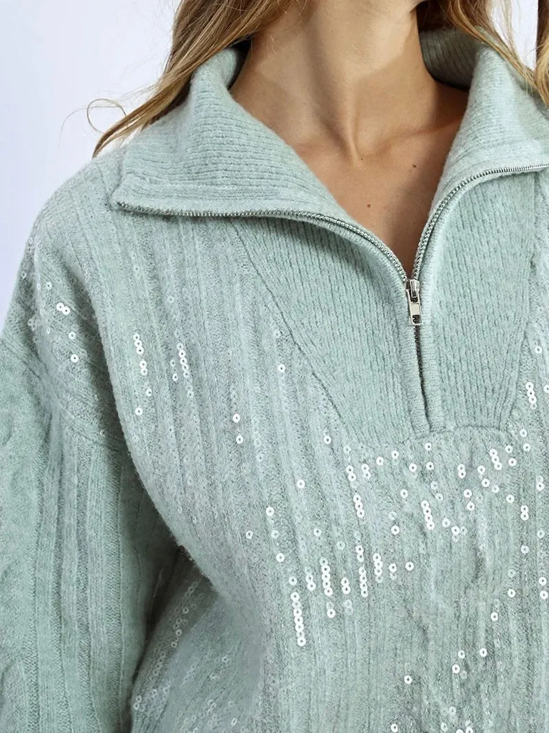 Sequin Half Zip Front Sweater