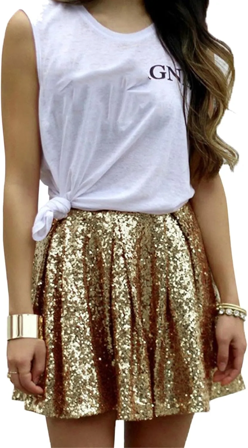 Sequin Skirts for Women High Waist Stretch Pleated Skirts Shiny Bodycon Mini Skirt Rave Party Sparkly Dance Short Skirt