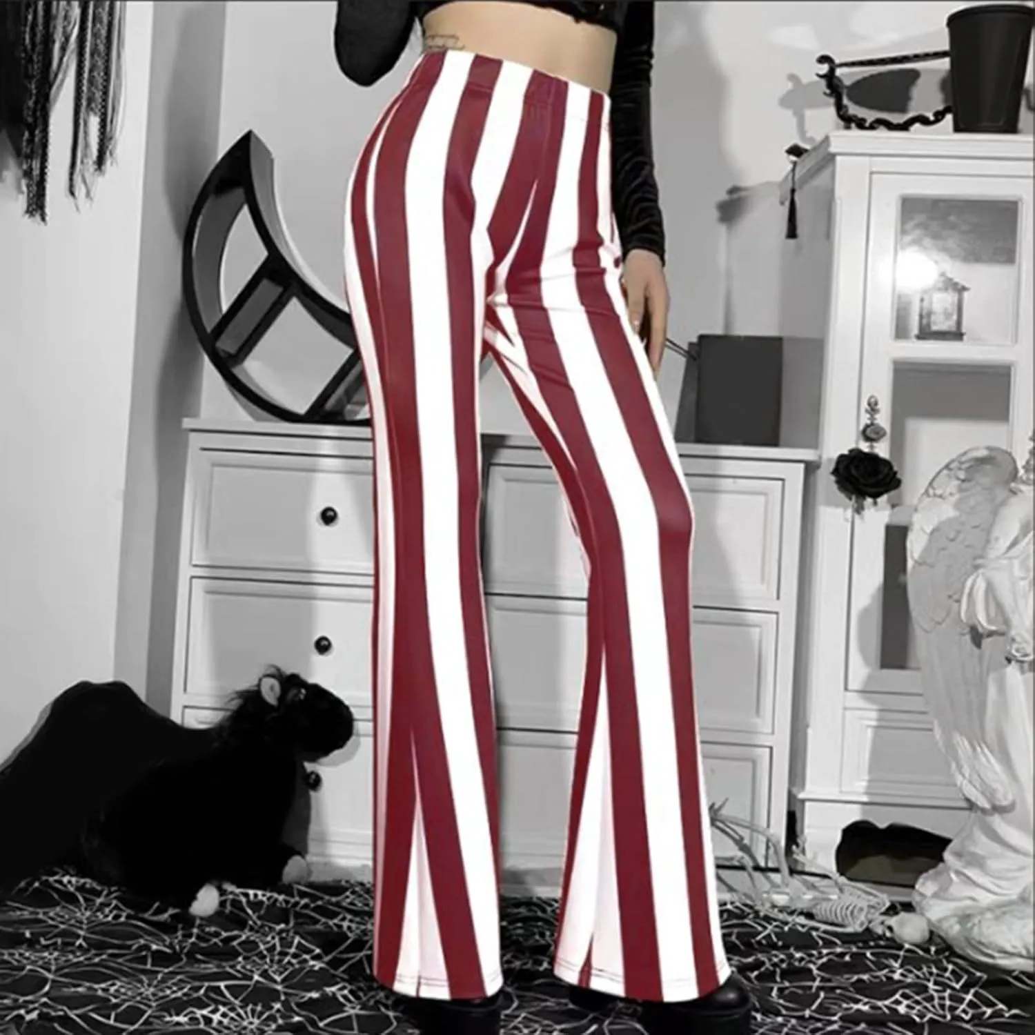Stripe Vertical Bell High Flare Waist Women Long Pants Bottoms Trousers Stretch Plus Size Pants 7 Day Pants
