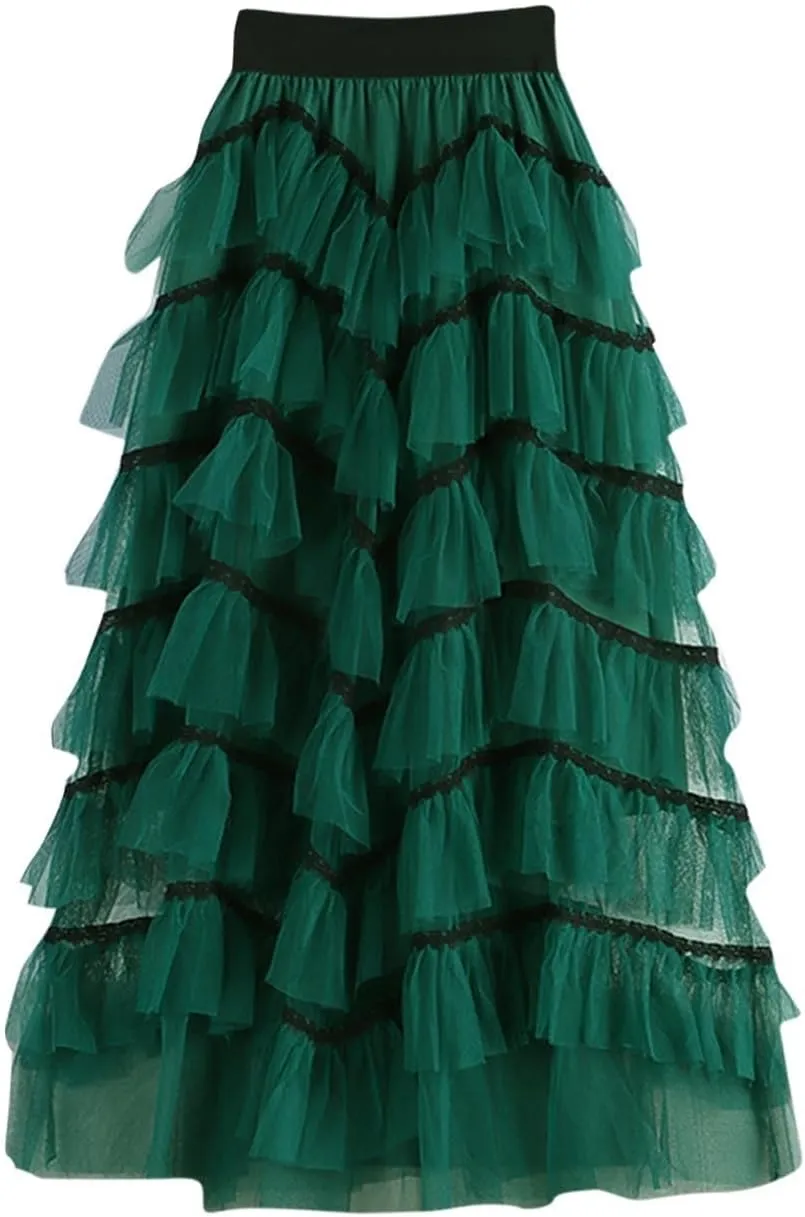 Tulle Skirt for Women Mesh Ballet Party Tutu Skirt Elegant A-Line Midi Skirt Elastic High Waist Tiered Skirts