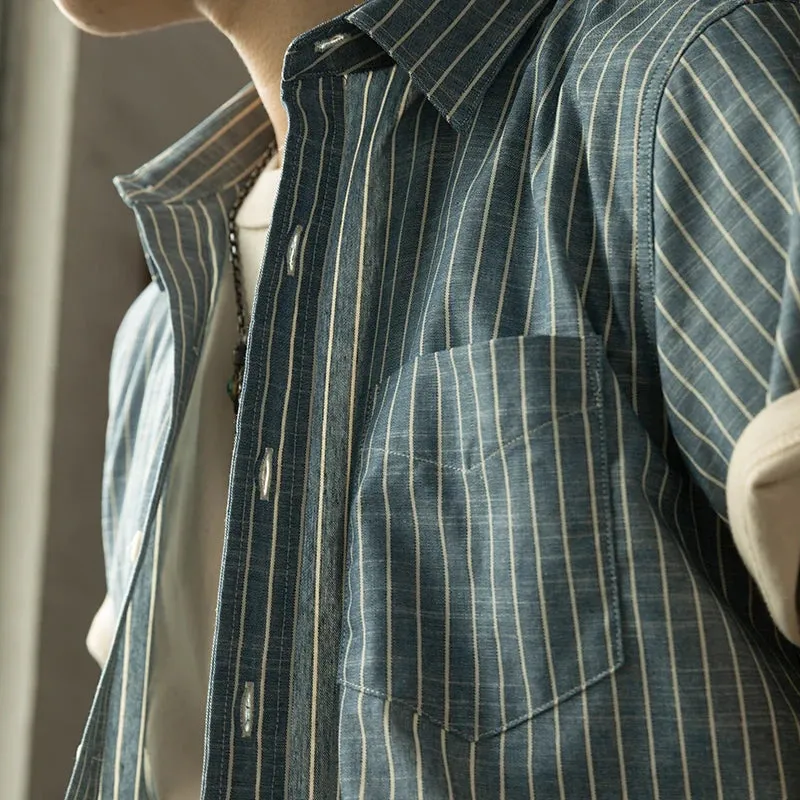 Vintage Short Sleeve Candy Stripe Shirts - Men's Workwear Blue