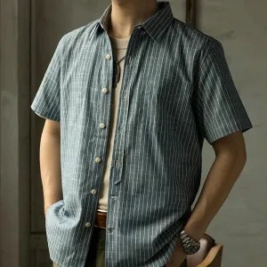 Vintage Short Sleeve Candy Stripe Shirts - Men's Workwear Blue