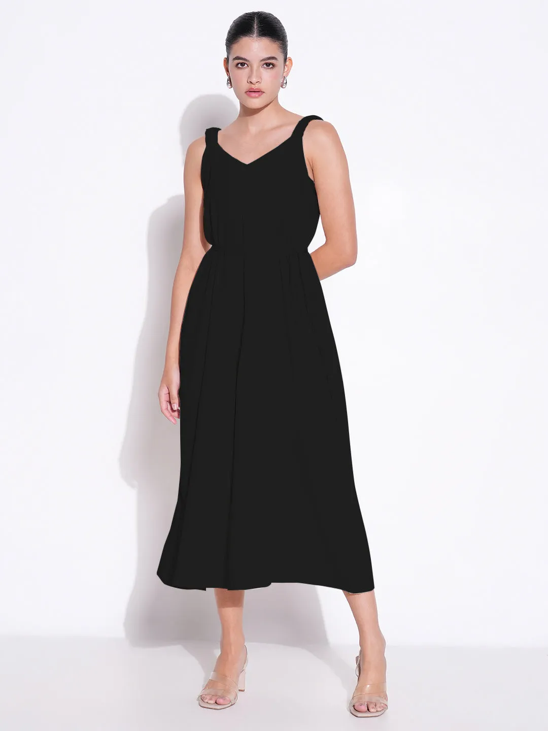 Women Black Solid Fit and Flare Dress