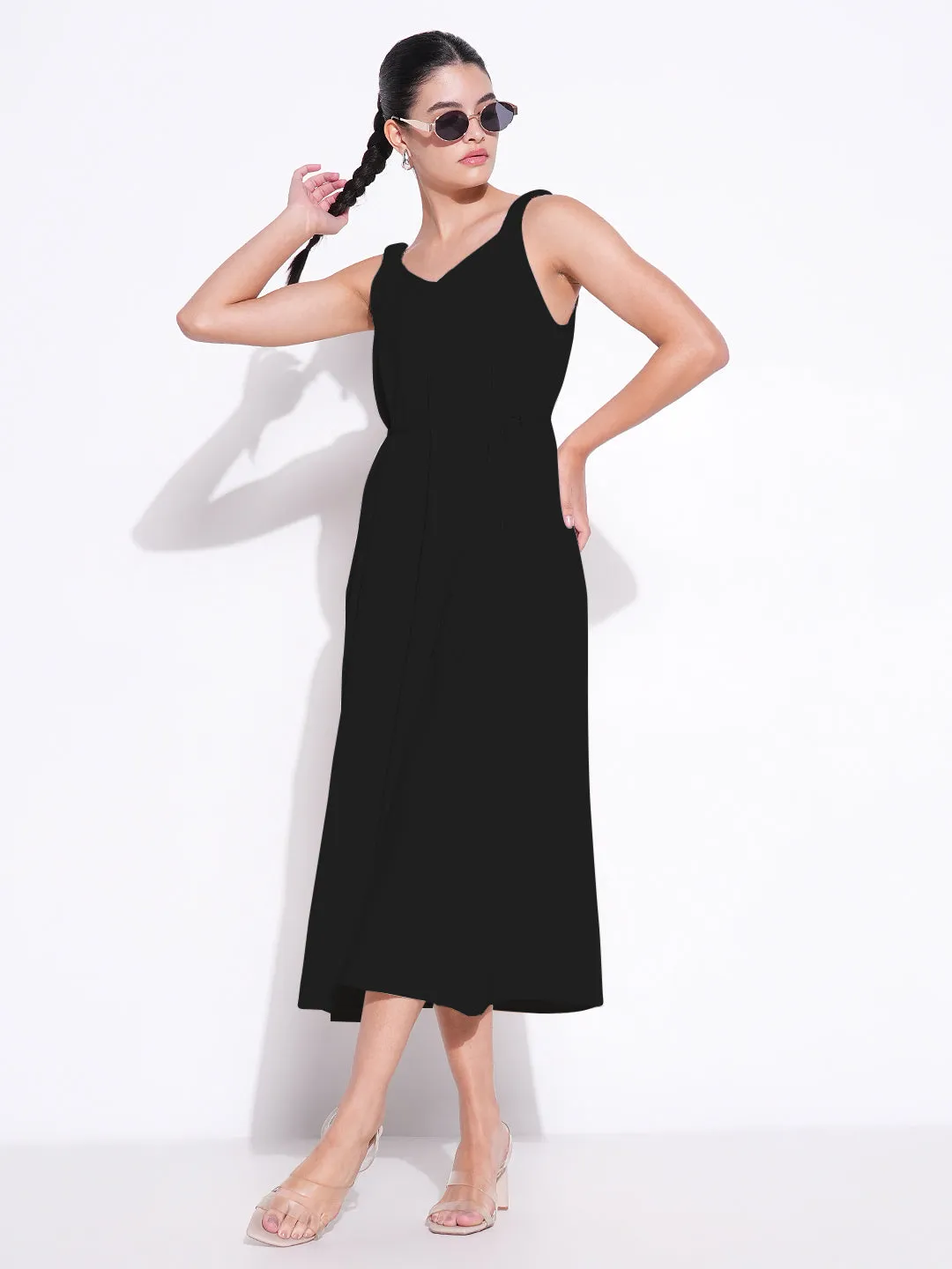 Women Black Solid Fit and Flare Dress