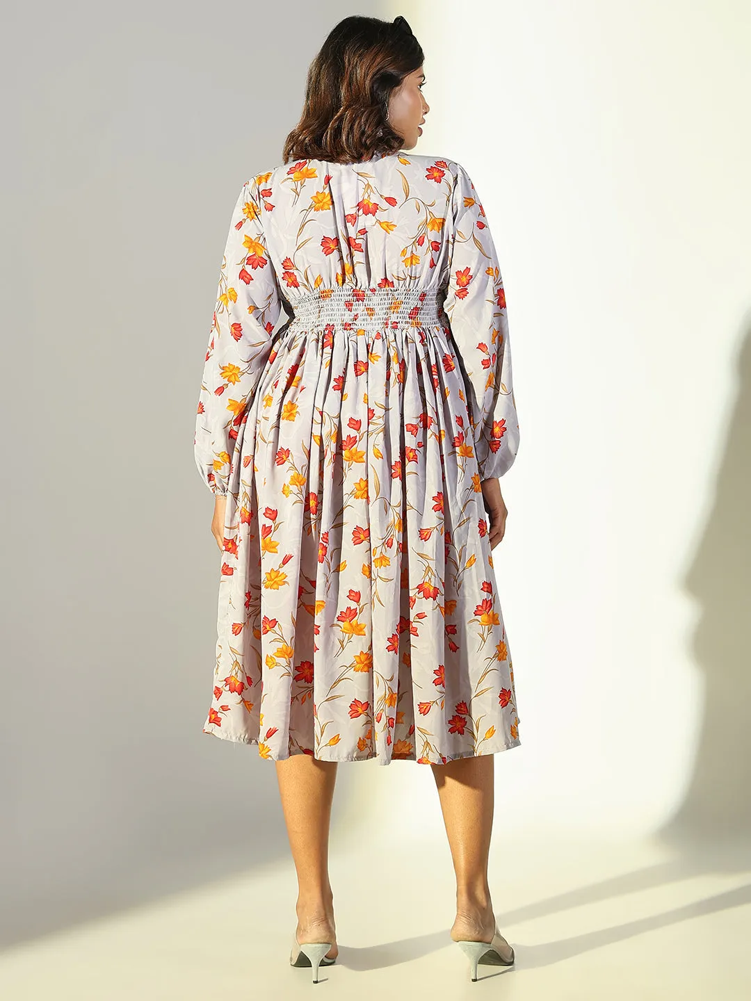 Women Casual Grey Floral Fit and Flare Dress