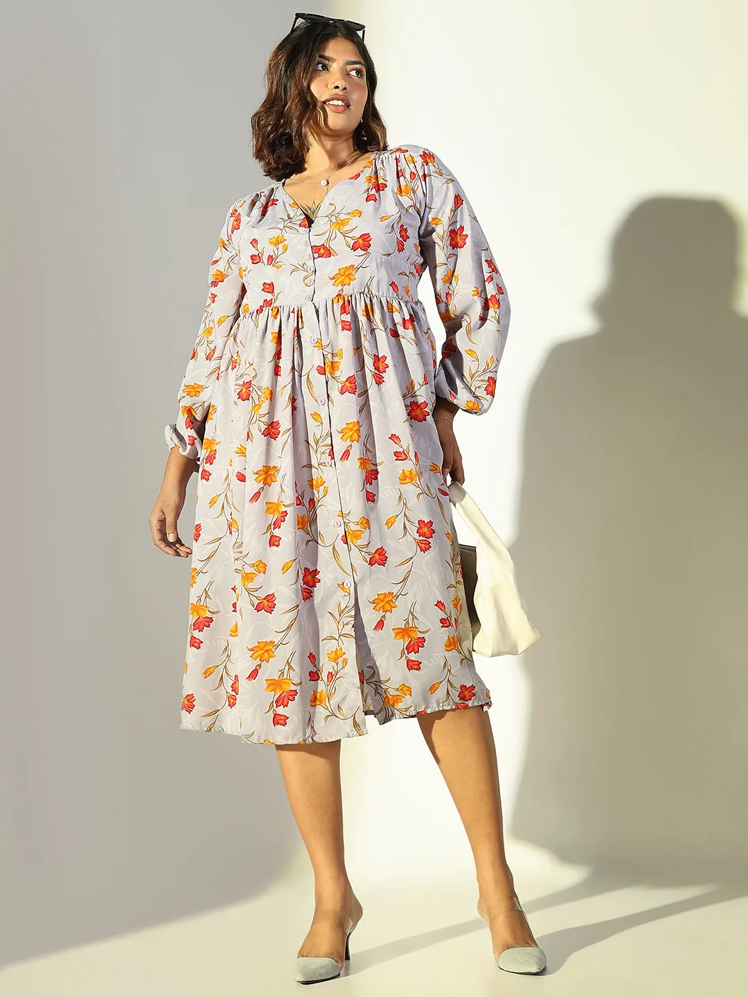 Women Casual Grey Floral Fit and Flare Dress
