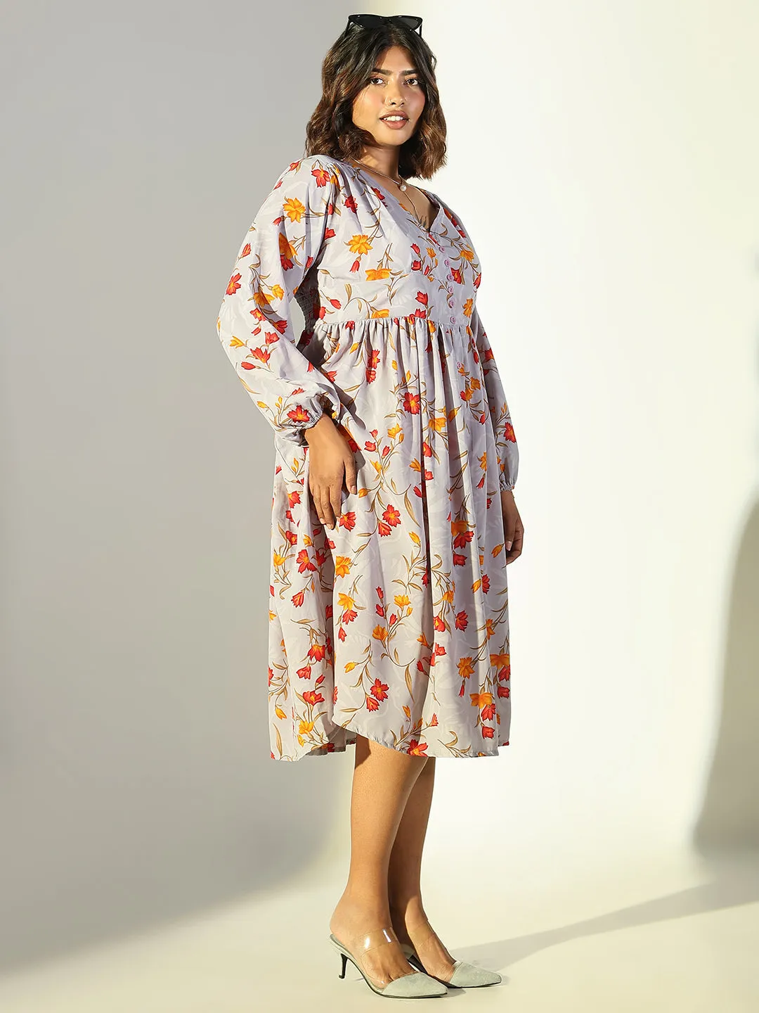 Women Casual Grey Floral Fit and Flare Dress