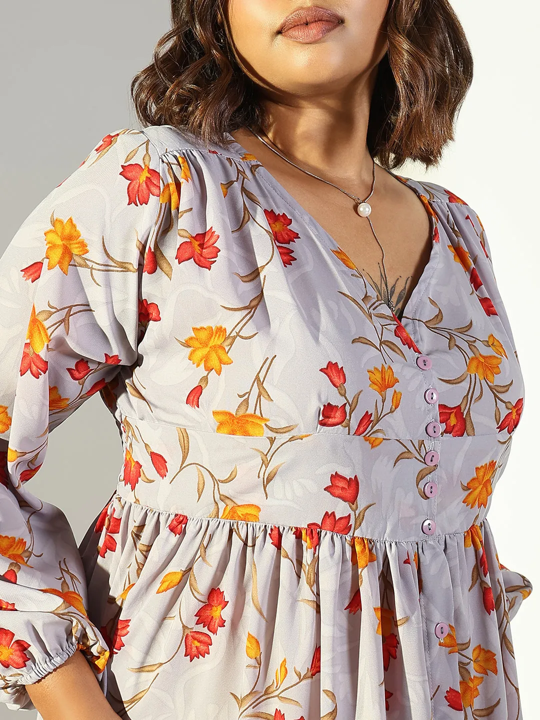 Women Casual Grey Floral Fit and Flare Dress