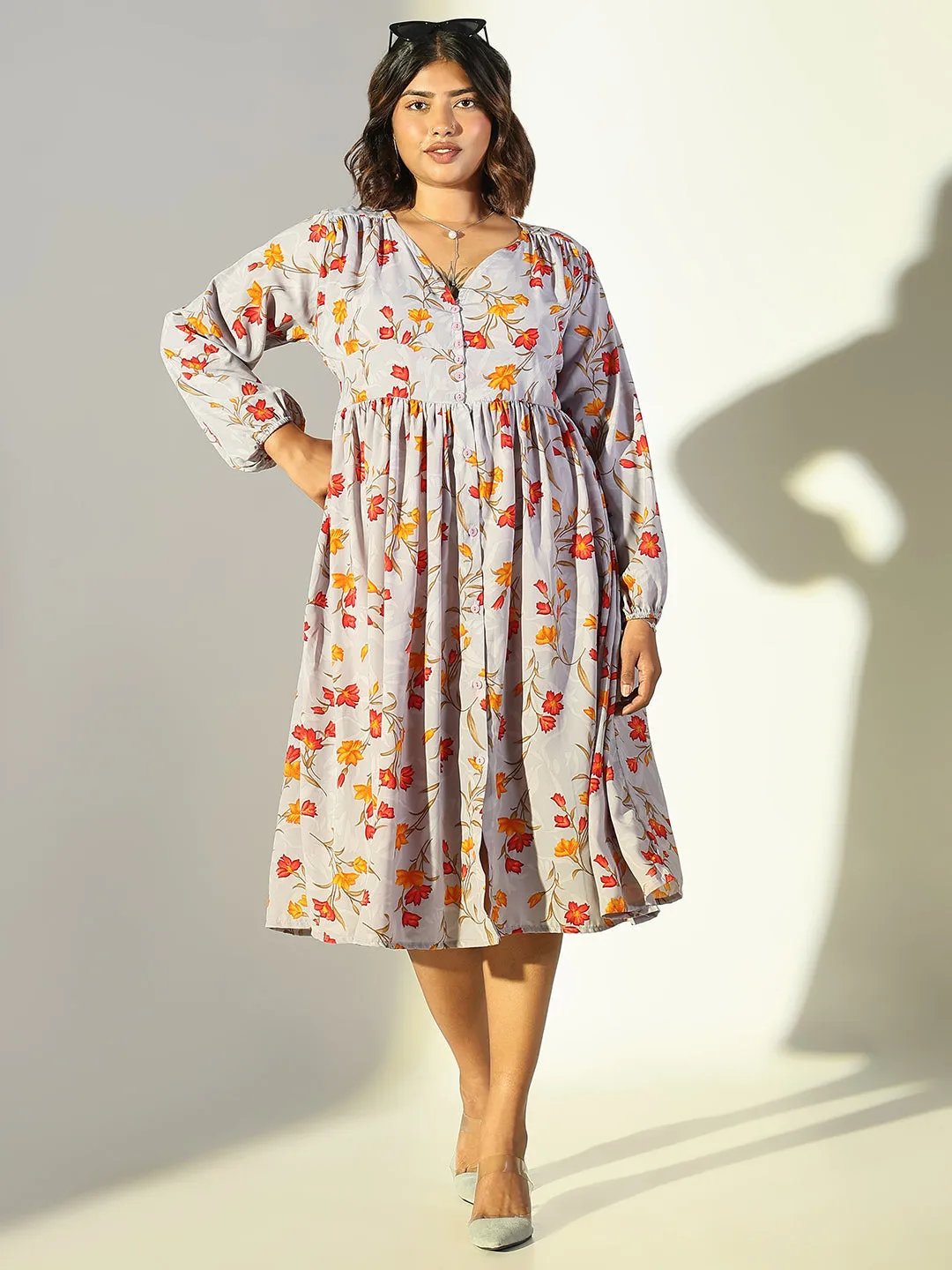 Women Casual Grey Floral Fit and Flare Dress