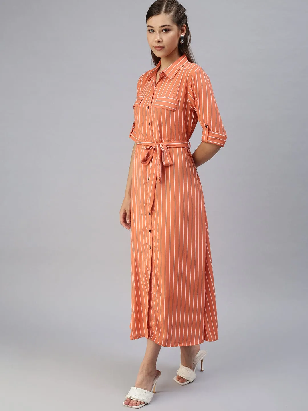 Women Casual Printed Fit and Flare Orange Dress