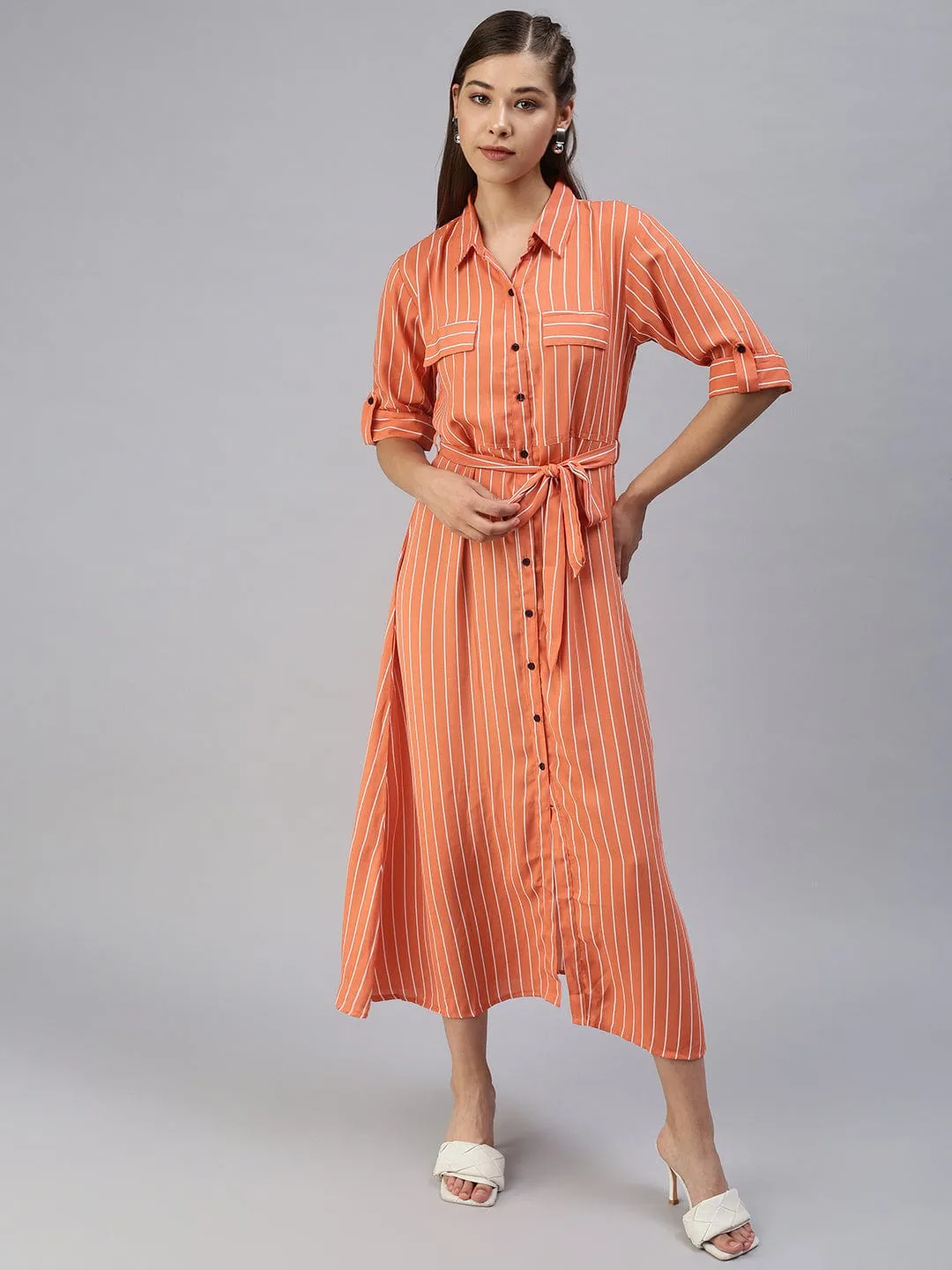 Women Casual Printed Fit and Flare Orange Dress