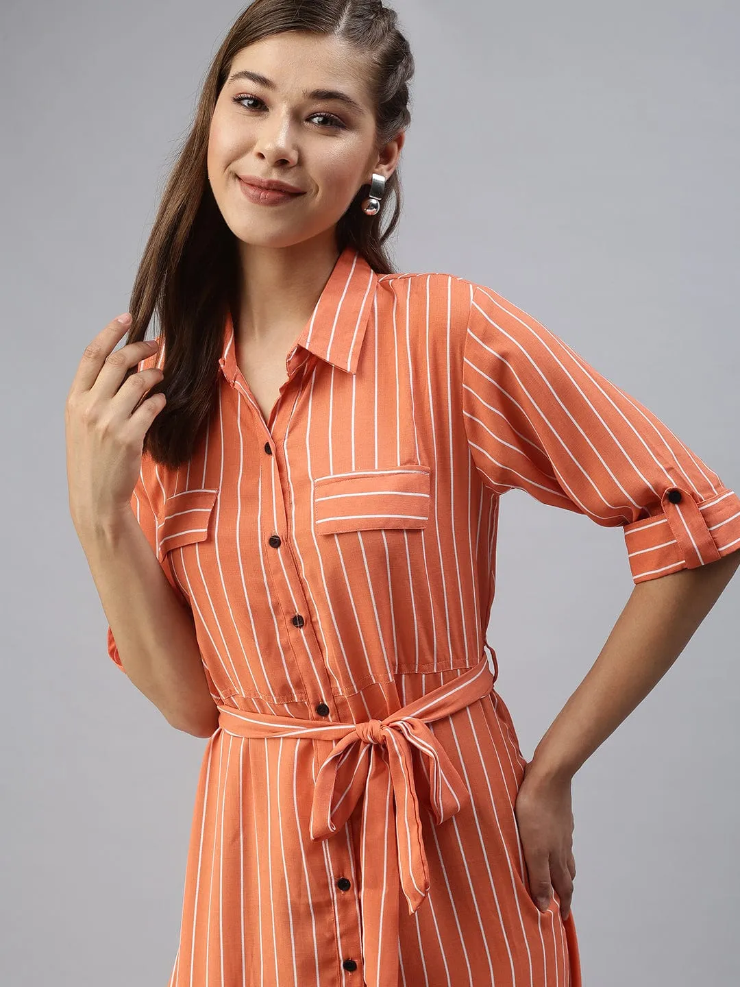 Women Casual Printed Fit and Flare Orange Dress