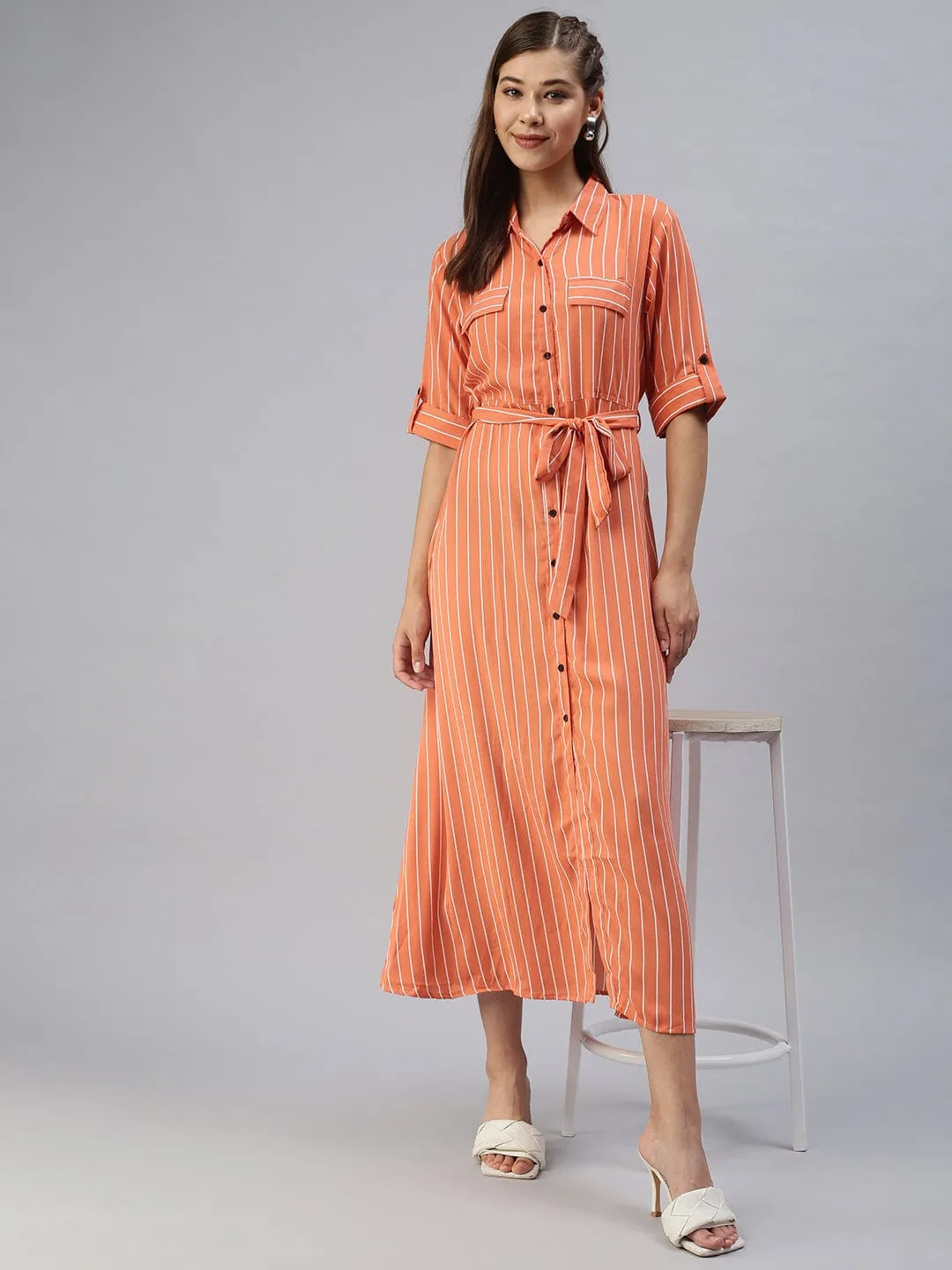 Women Casual Printed Fit and Flare Orange Dress