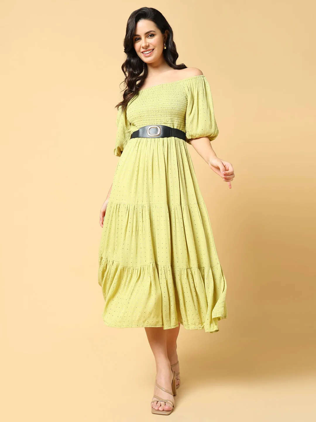 Women Green Solid Fit and Flare Dress with Belt